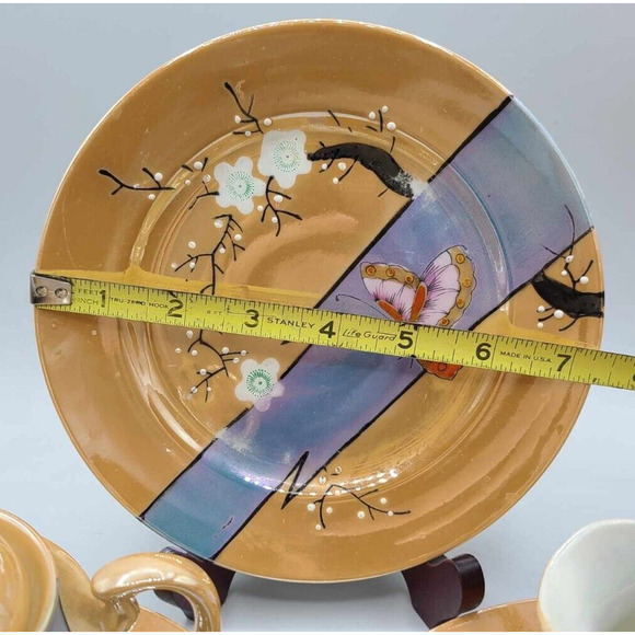 Vtg Hand Painted Japanese Lusterware Set. 3 plates 7 1/4", Sugar Bowl & Creamer - Picture 9 of 14